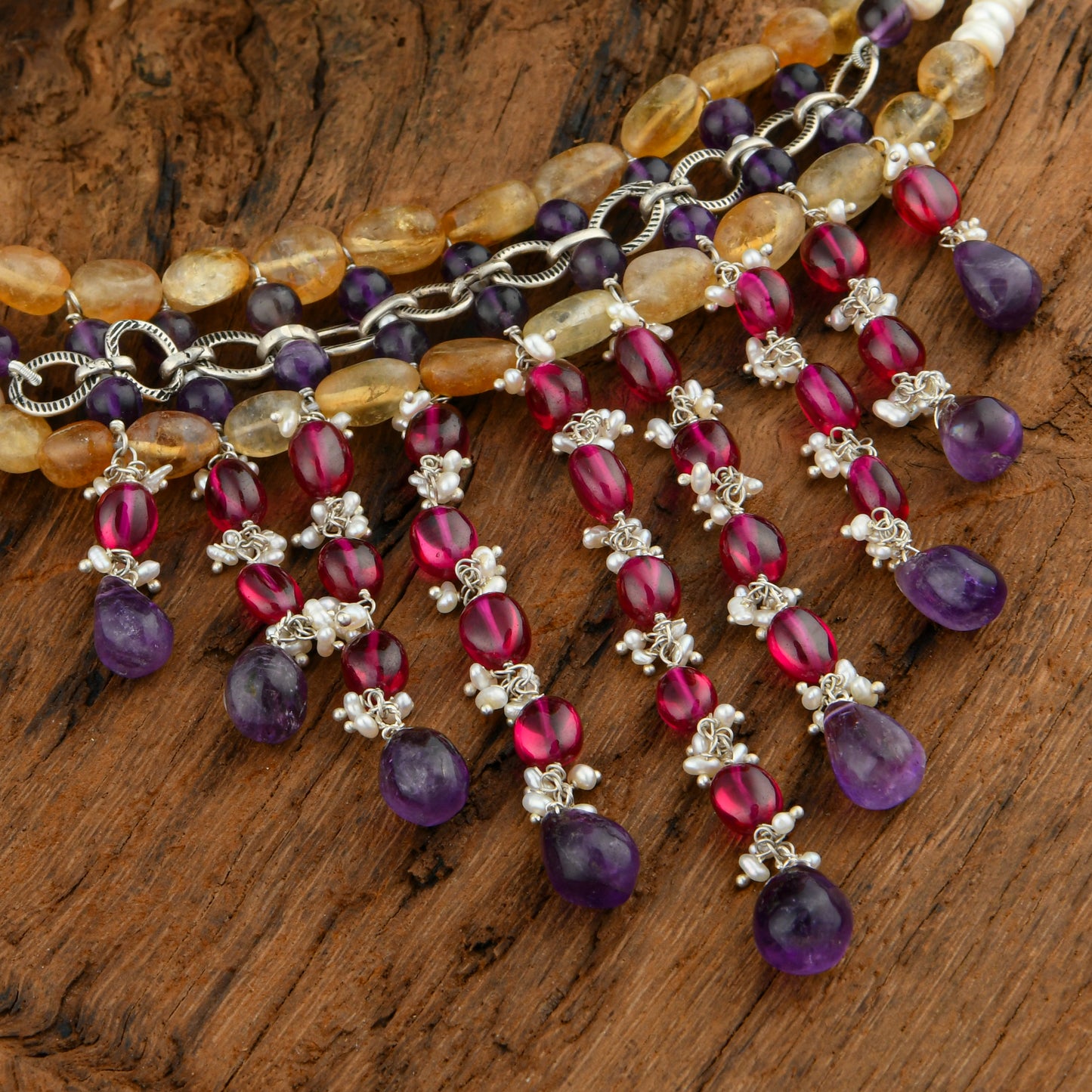Multi Stone Pearl And Silver Designer Necklace