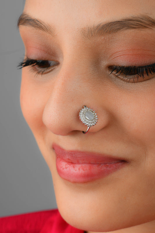 Silver CZ MOP Clip On Nose Pin