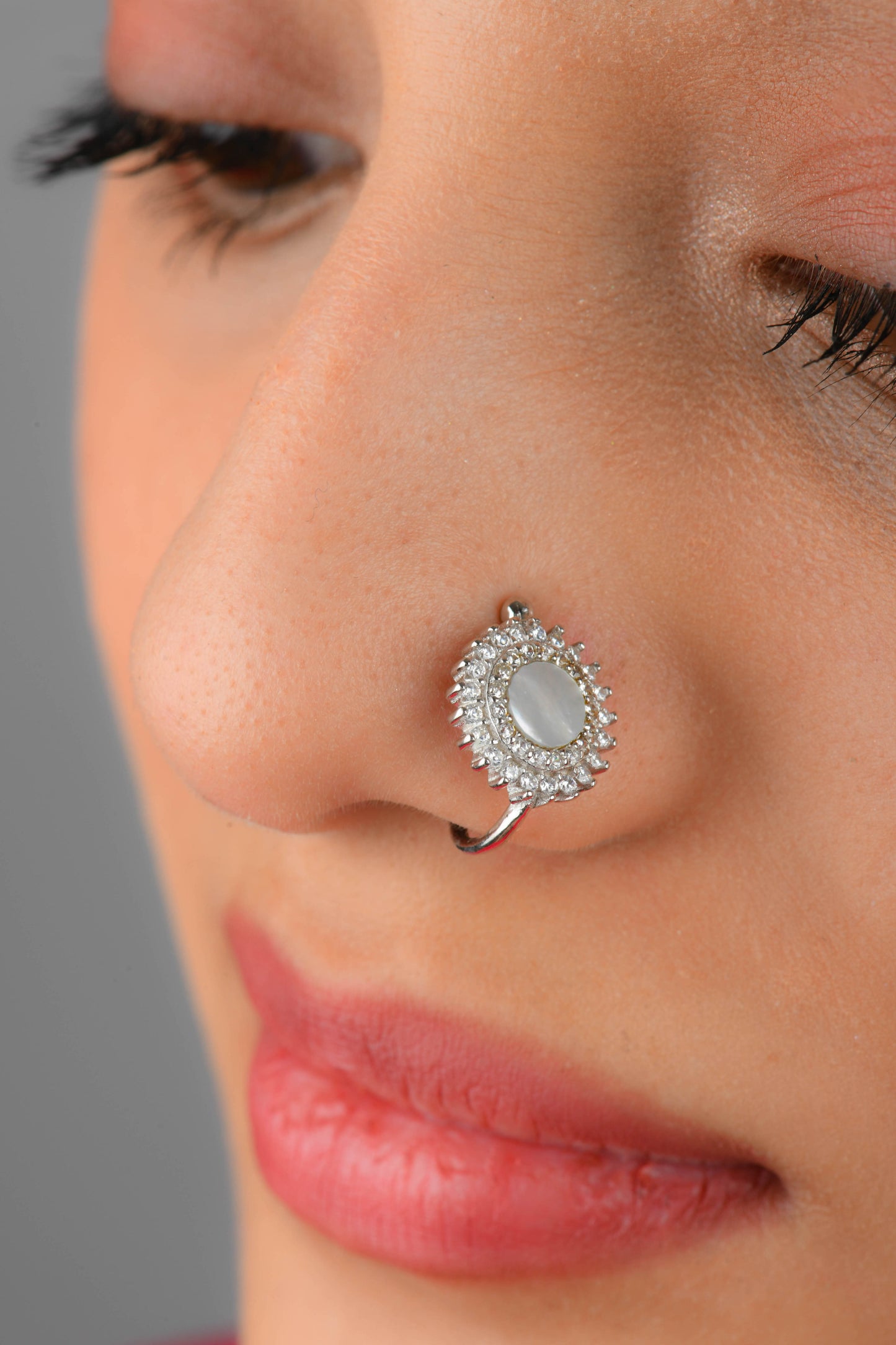 Silver CZ MOP Clip On Nose Pin