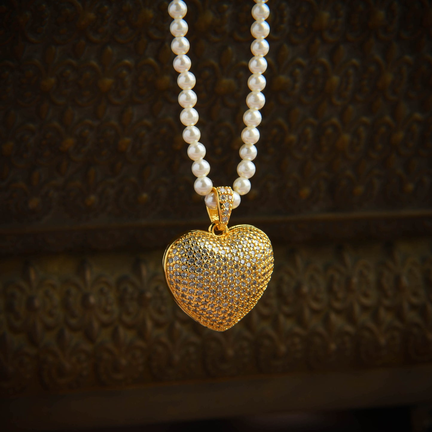 Diamond Heart Pearl Necklace