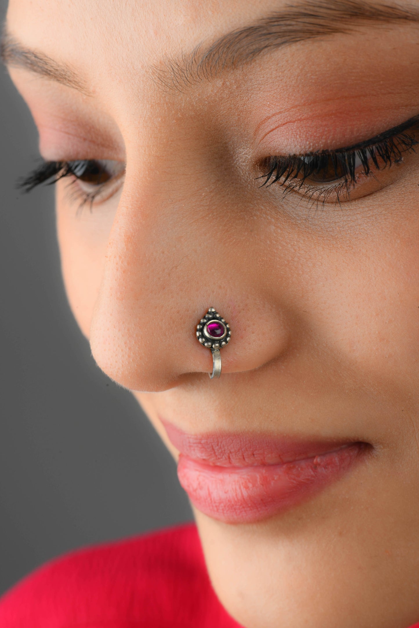 Red Stone Drop Silver Nose Pin