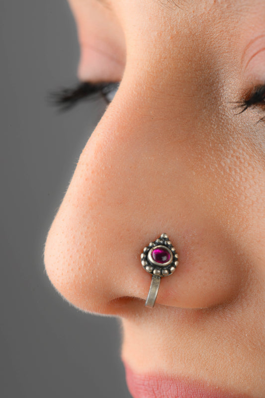 Red Stone Drop Silver Nose Pin