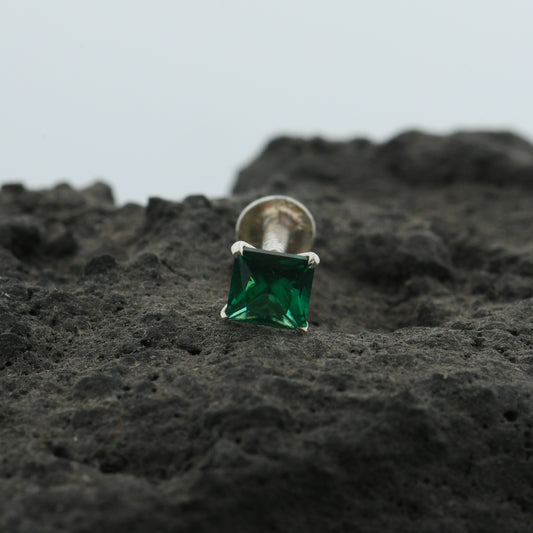Emerald Green Square Silver Nose Pin(Screw Type)