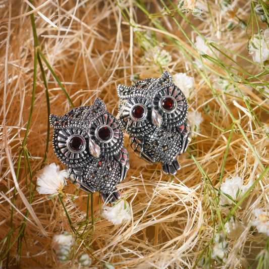 Mystic Owl: Garnet and Marcasite Sterling Silver Earring