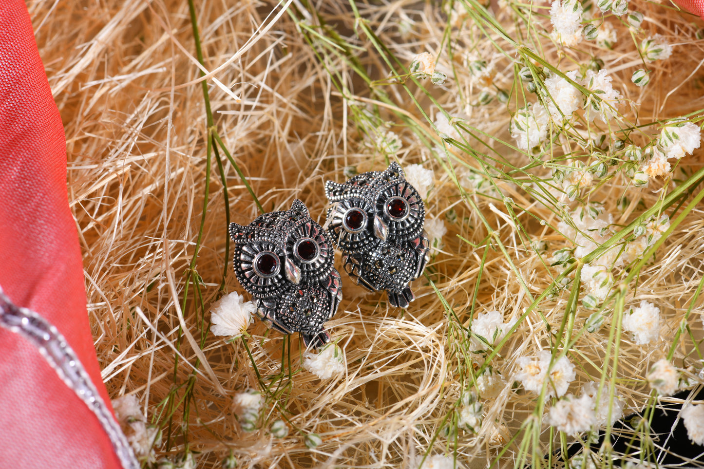 Mystic Owl: Garnet and Marcasite Sterling Silver Earring