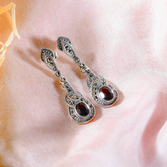 Vintage Elegance Marcasite Teardrop Earrings with Garnet