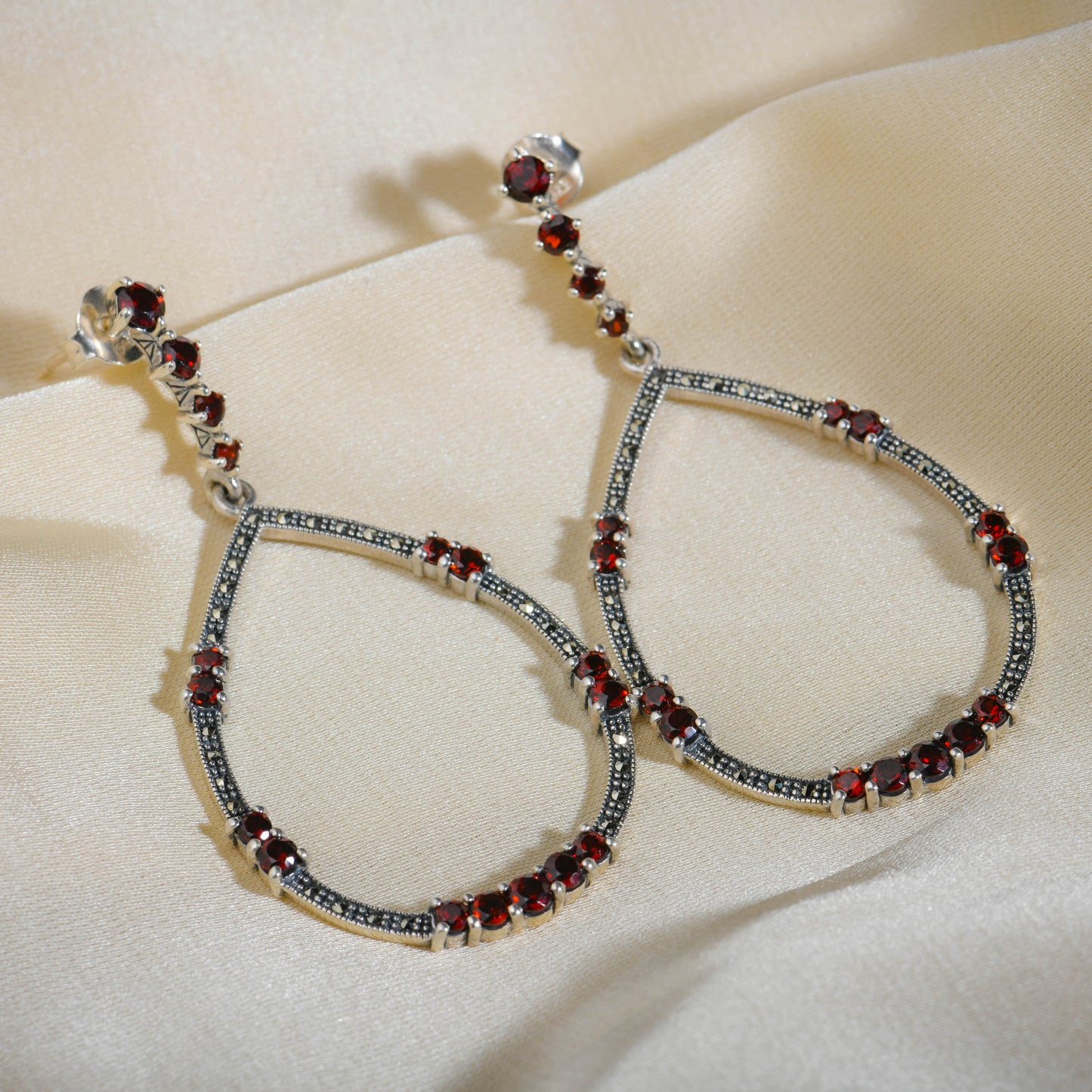 Circle Drop Earrings: Marcasite, Silver & Garnet