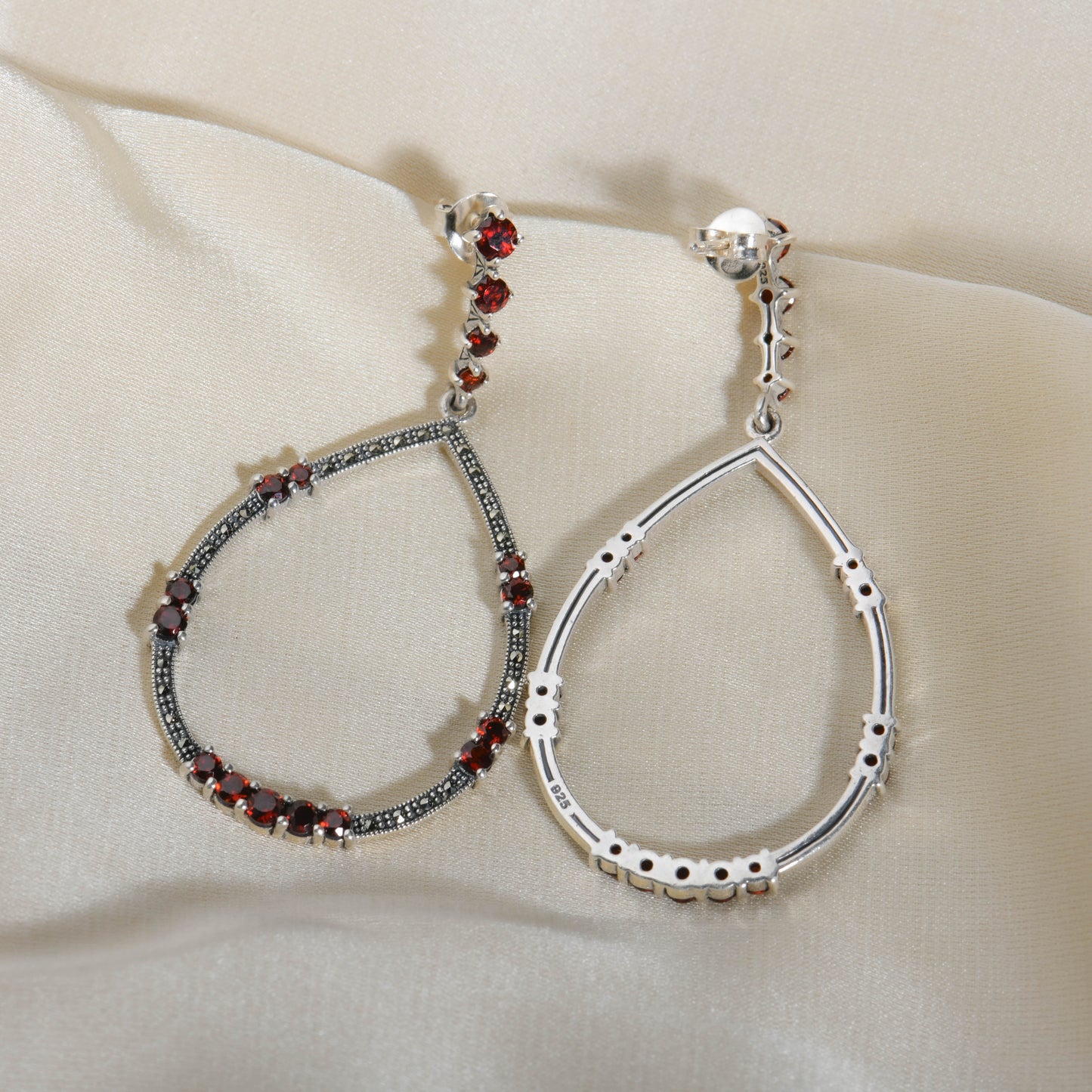 Circle Drop Earrings: Marcasite, Silver & Garnet