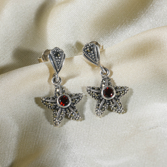 Marcasite Starfish Earrings with Garnet