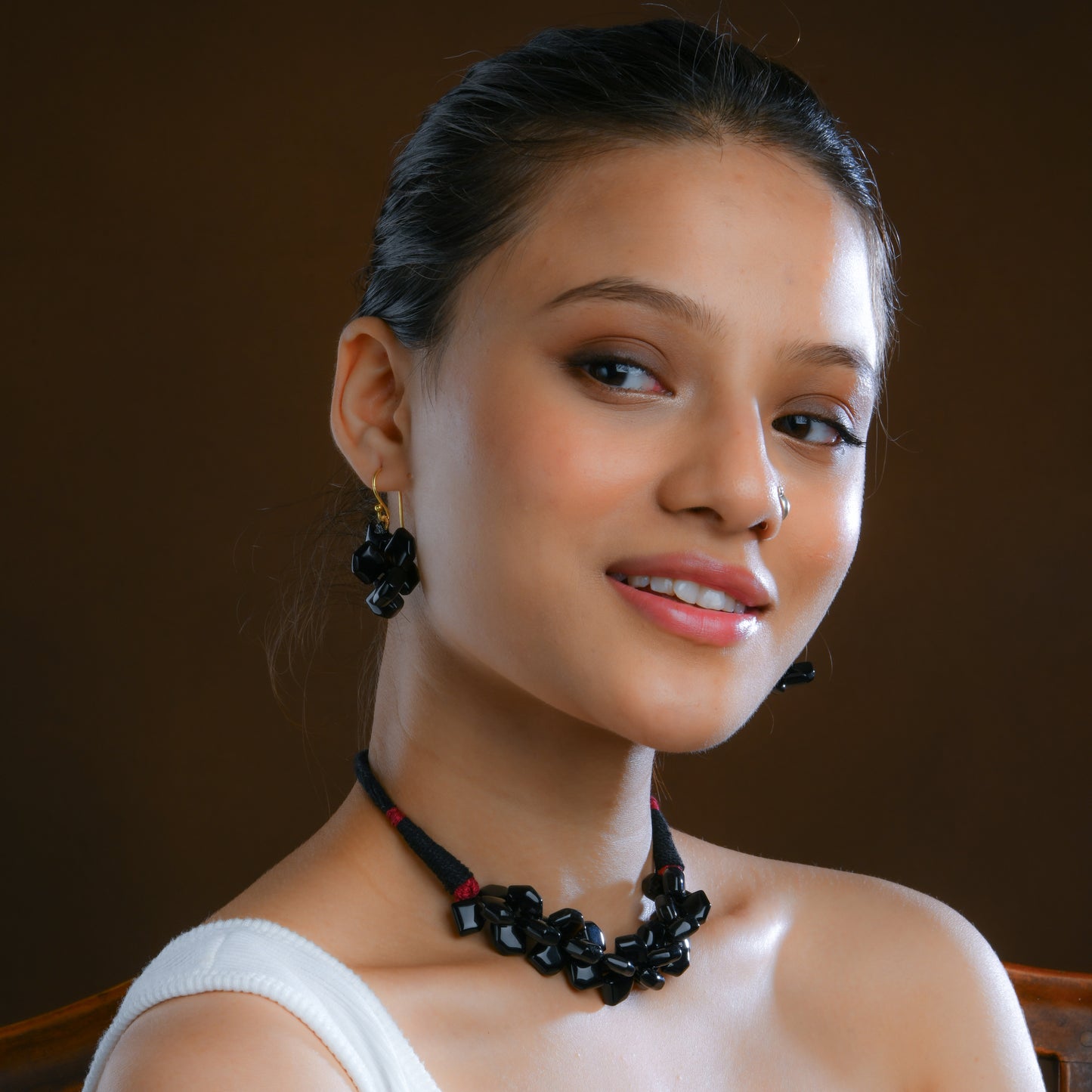 Unique Black Obsidian Cotton Thread Choker Set