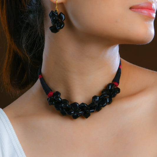 Unique Black Obsidian Cotton Thread Choker Set