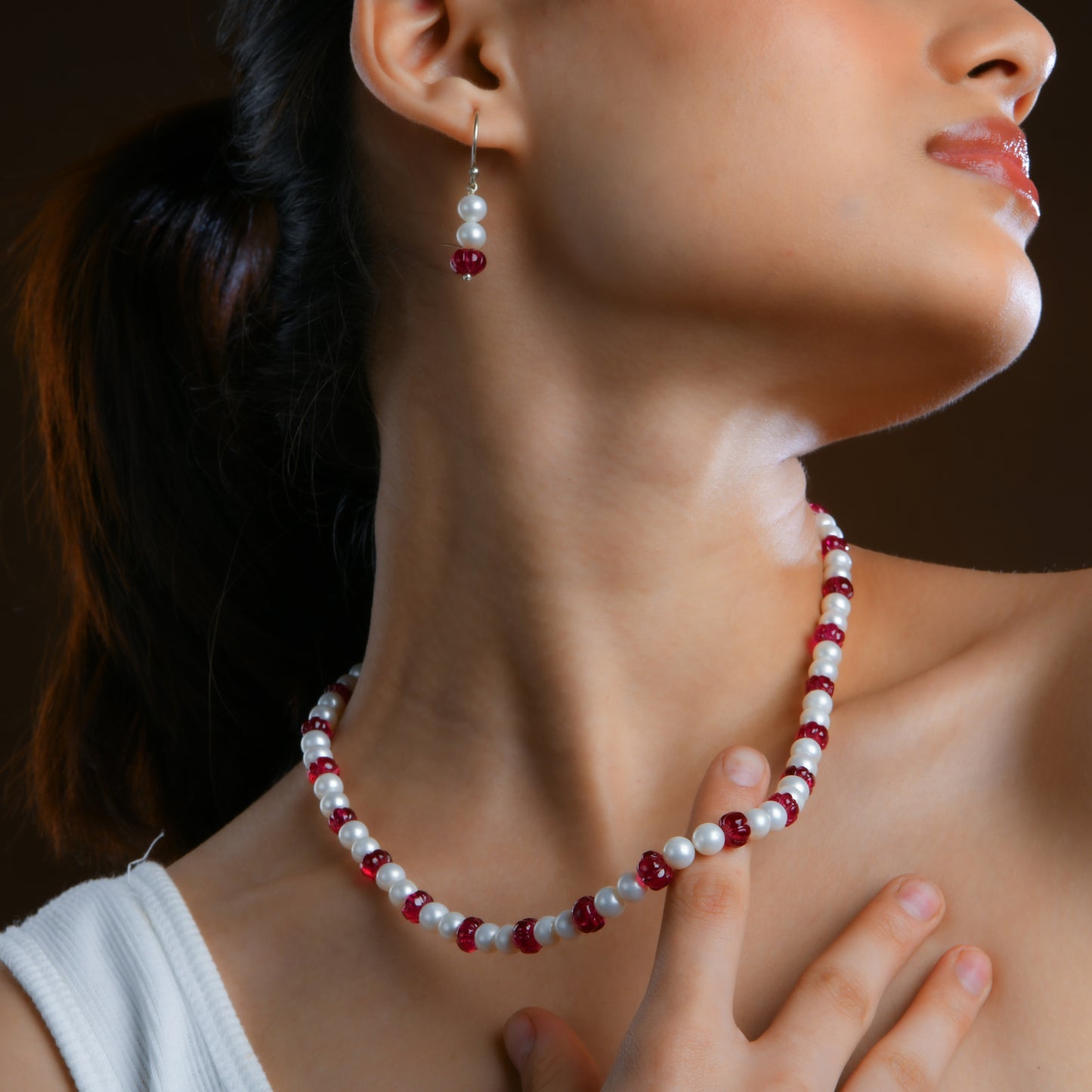 Ruby Melon Freshwater Pearl Necklace Set