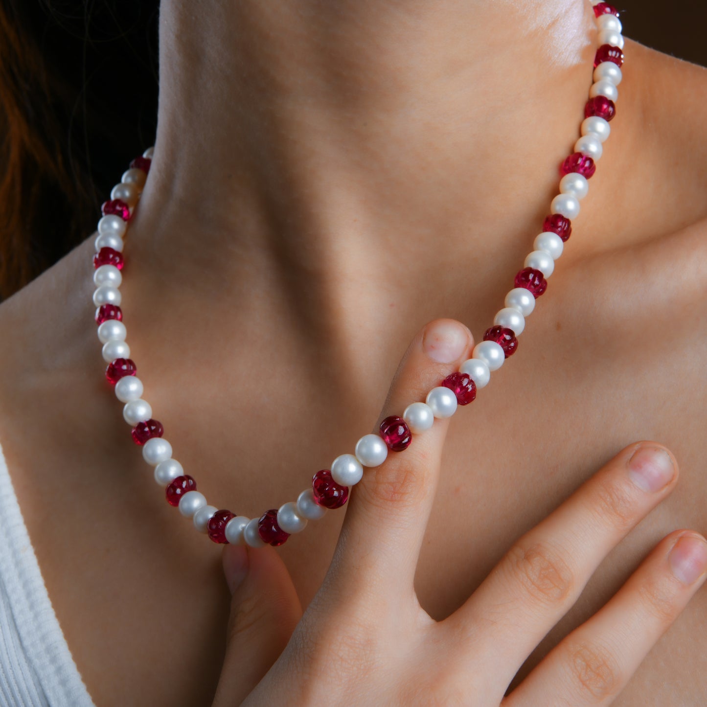 Ruby Melon Freshwater Pearl Necklace Set