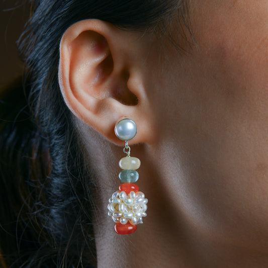 Woven Pearl Bead Silver Earrings