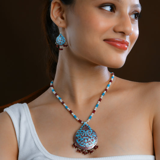 Hand Painted Enamel Lotus Silver Necklace Set