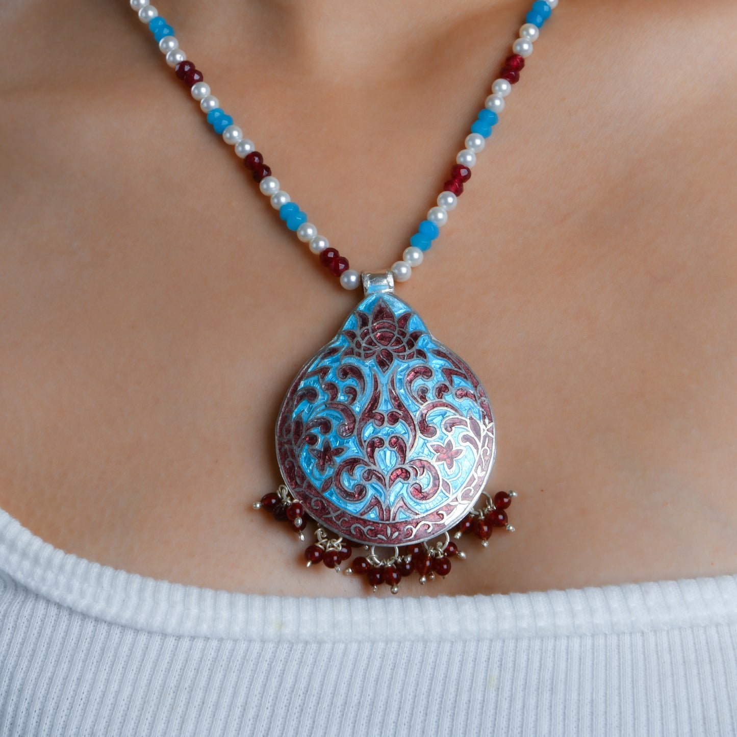 Hand Painted Enamel Lotus Silver Necklace Set