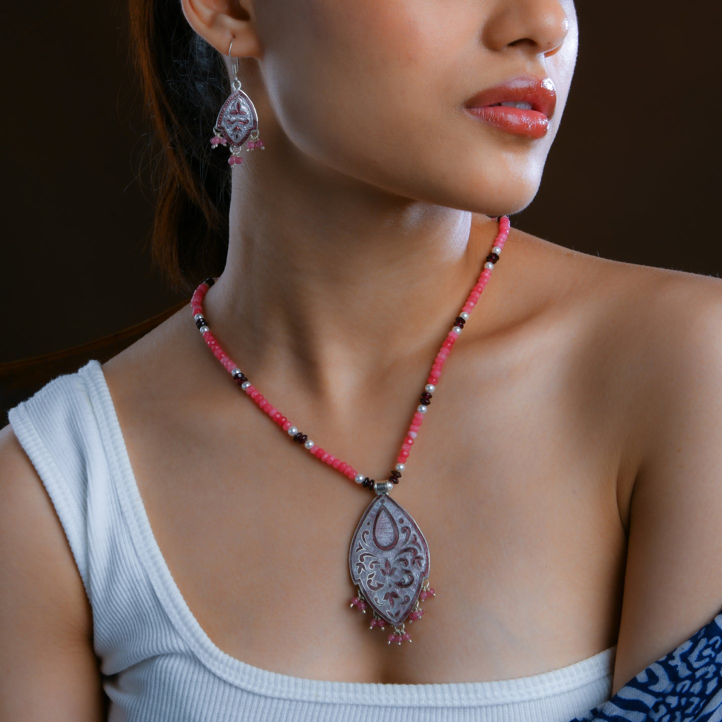 Hand Painted Kali Gulab Enamel Silver Necklace Set