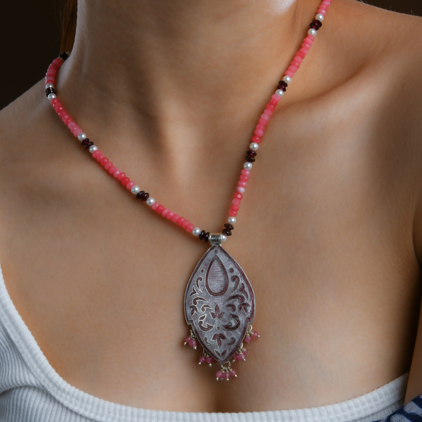 Hand Painted Kali Gulab Enamel Silver Necklace Set