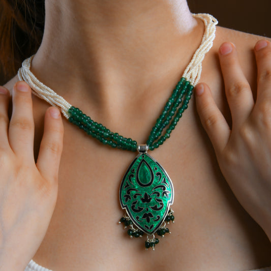 Hand Painted Kashmir Kali Enamel Silver Necklace Set