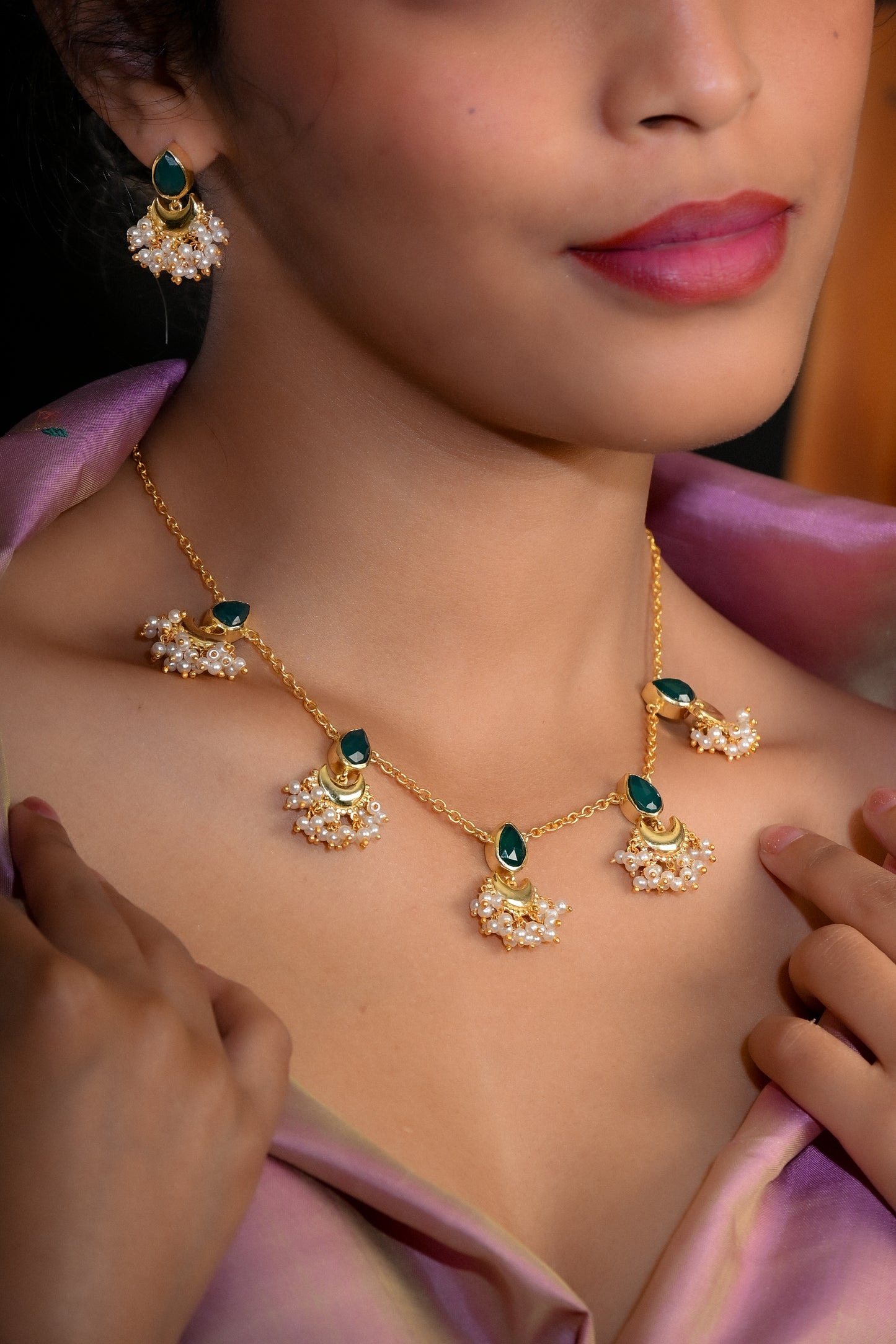 Half Moon Emerald Green Festive Necklace Set