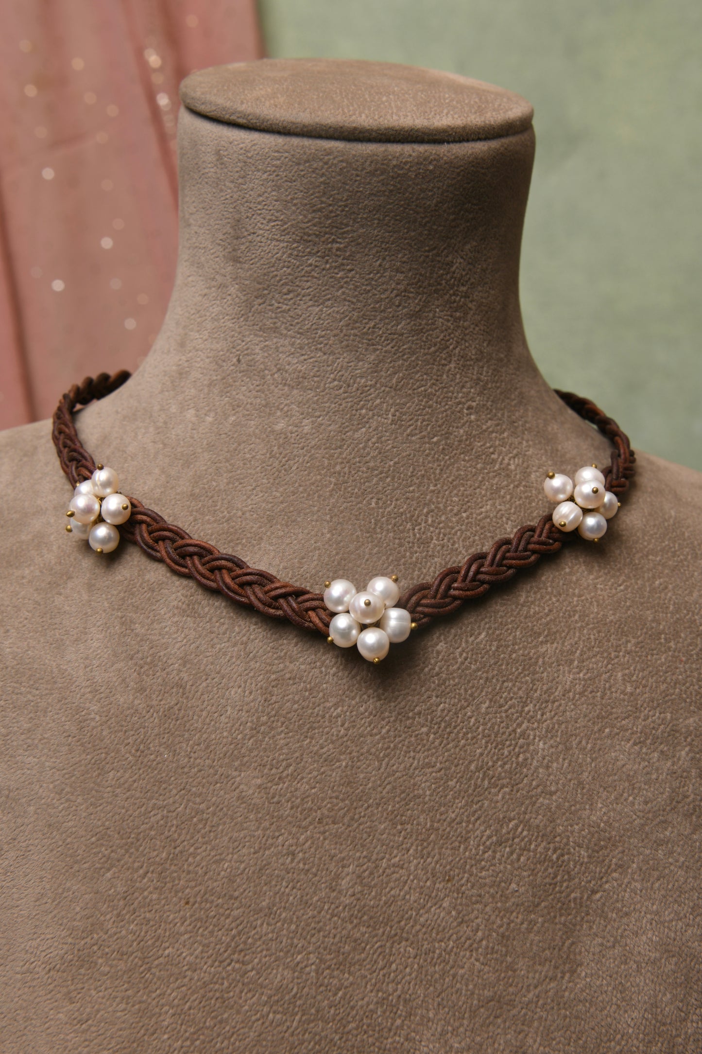 Pearl Bunched Leather Cords Necklace