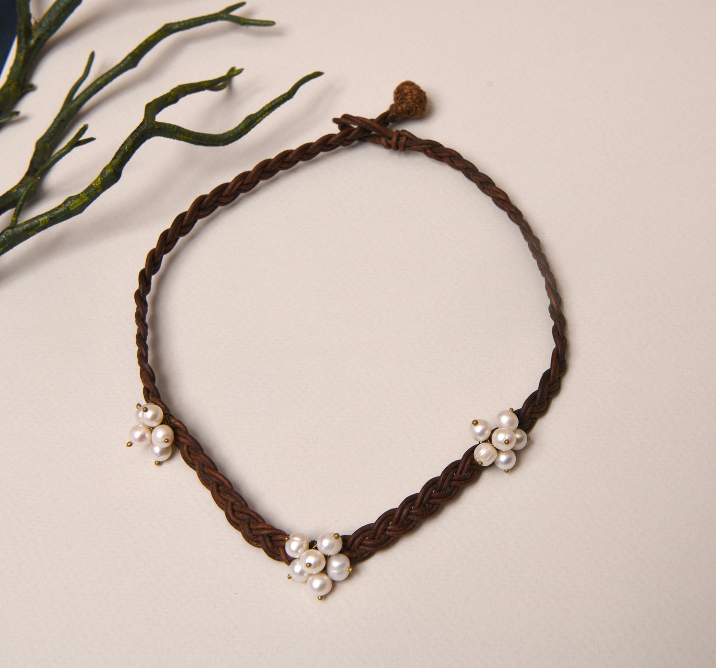 Pearl Bunched Leather Cords Necklace