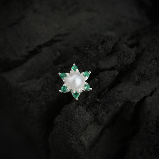 Pearl CZ Flower Silver Nose Pin