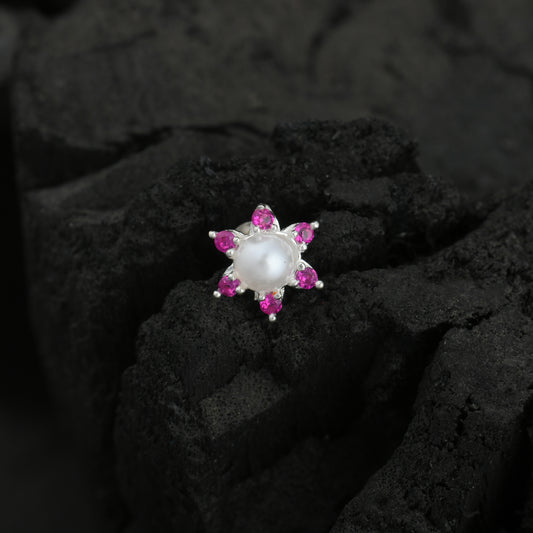 Pearl CZ Flower Silver Nose Pin