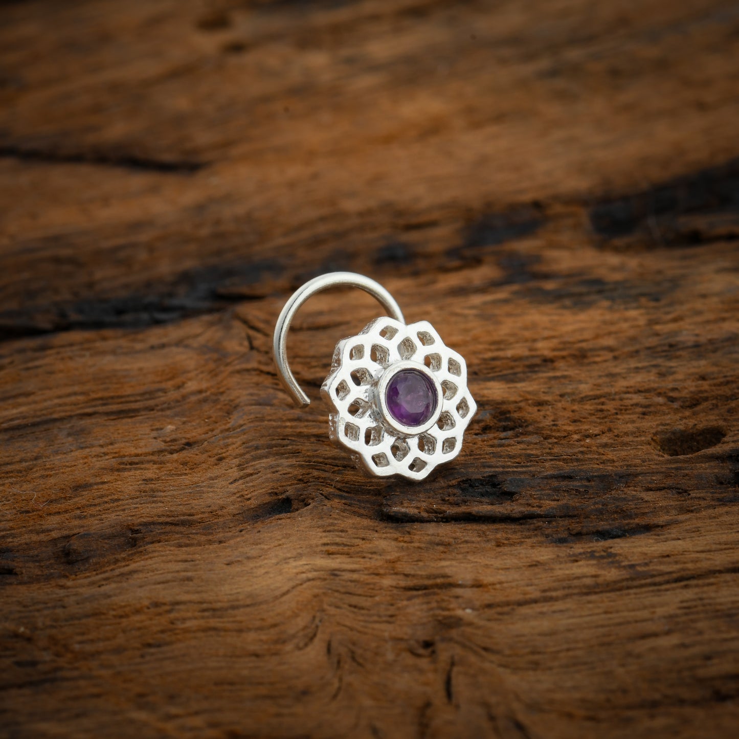 Crown Chakra Silver Nose Pin With Amethyst Stone