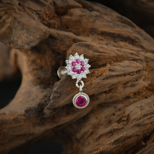 Pink Drop Silver Screw Back Nose Pin