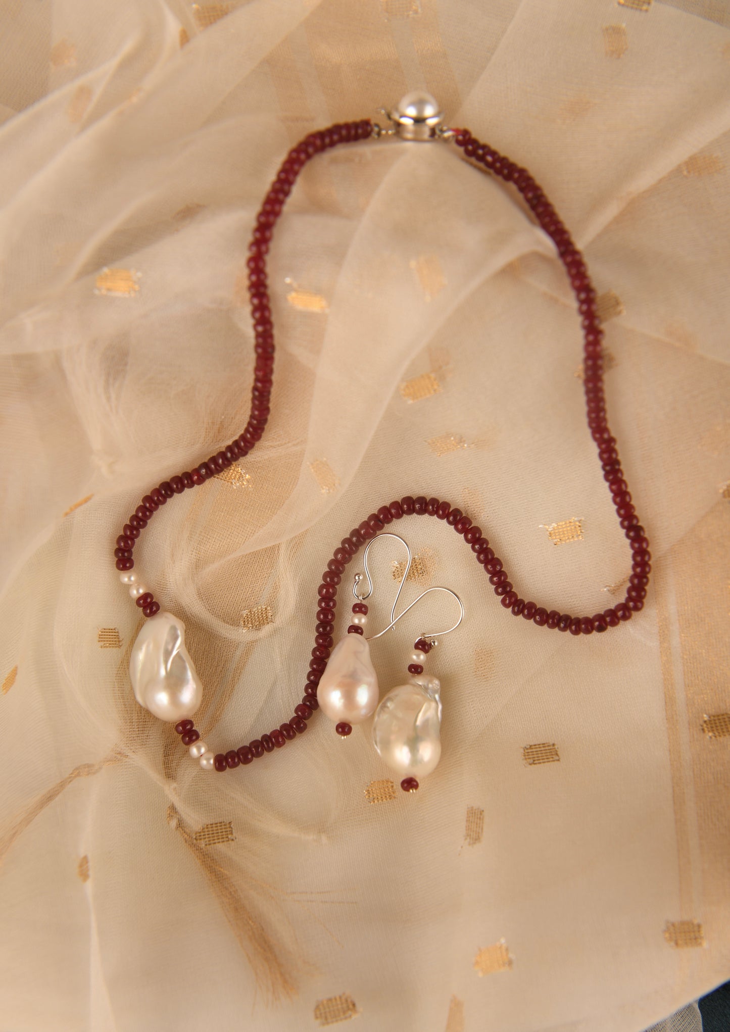 Baroque Pearl and Rubies Necklace Set