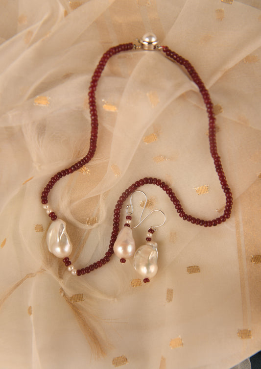 Baroque Pearl and Rubies Necklace Set