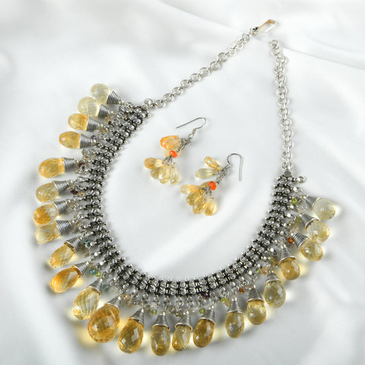 Citrine Drops Silver Necklace Set