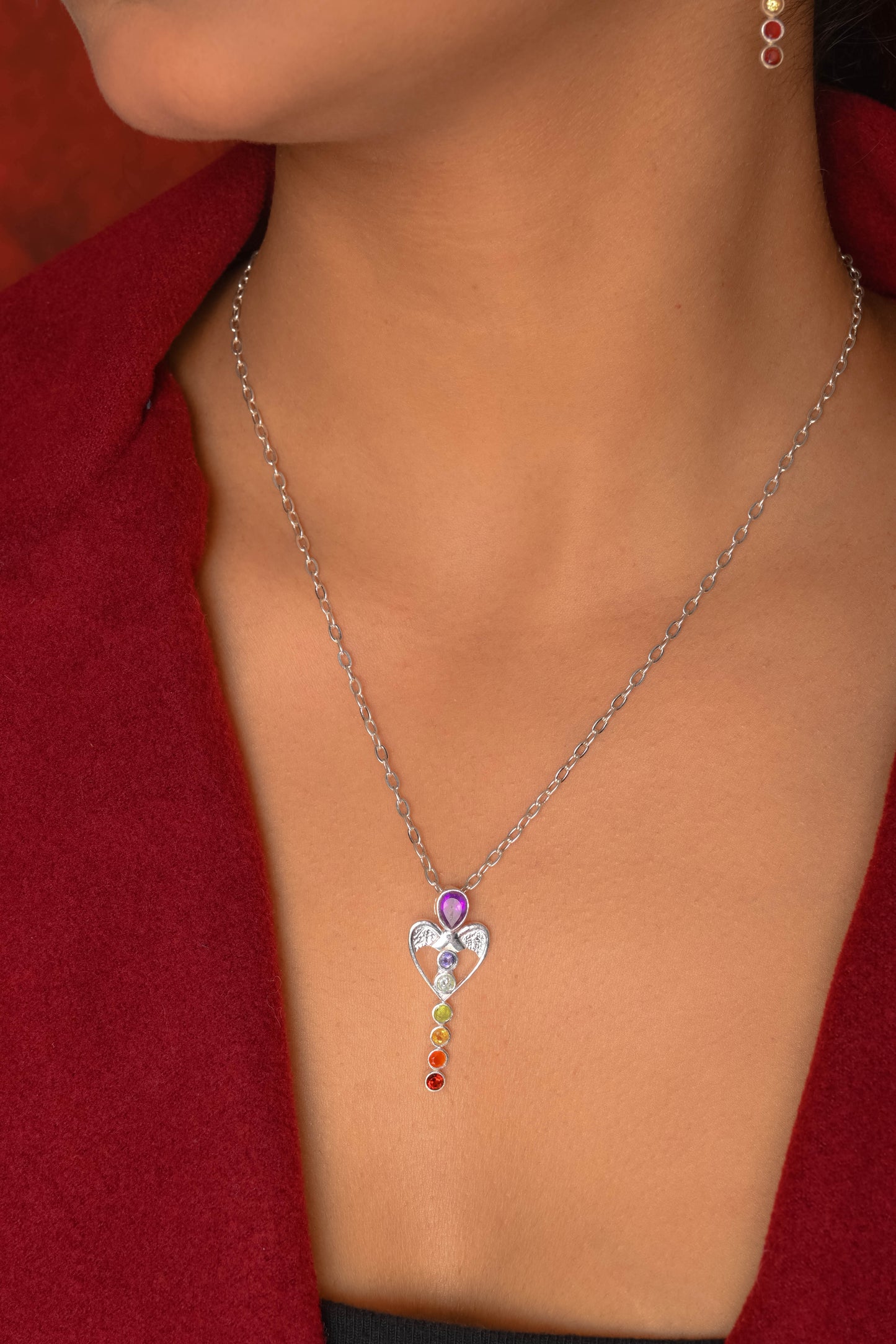 Silver And Chakra Stones Fairy Pendant