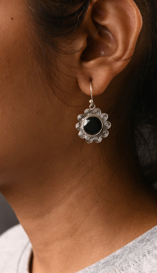 Black Onyx Blossom Silver Earrings