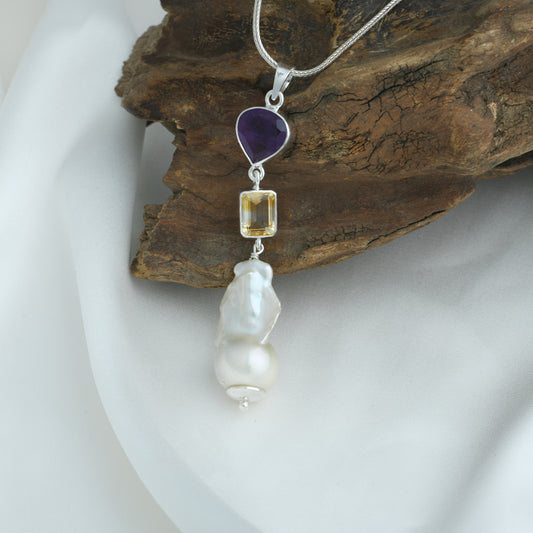 Amethyst Heart Citrine Square And Baroque Pearl Necklace