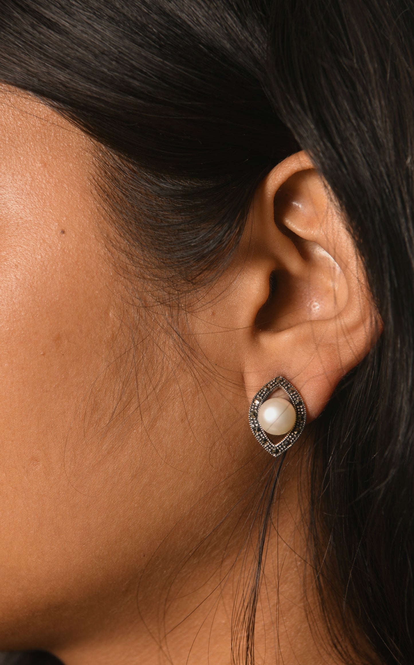 Silver Marcasite Pearl Eye Studs