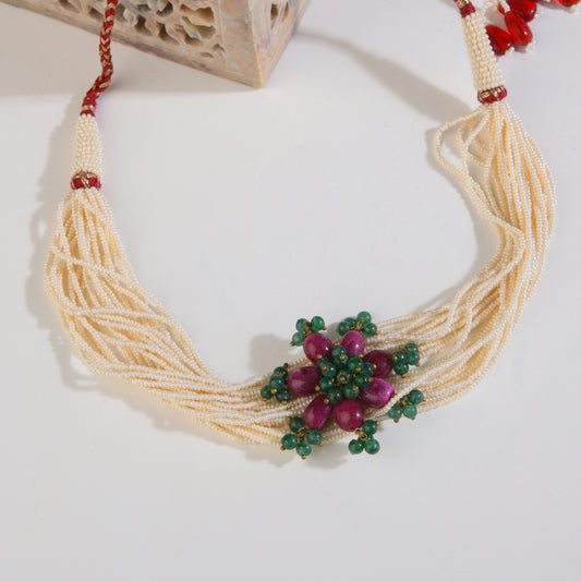 Ivory Glass Beads Choker With Floral Pendant