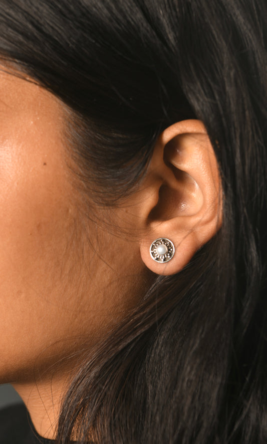 Silver Pearl Mandala Studs
