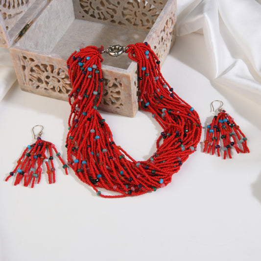 Red Glass Beads Hand Crafted Necklace Set