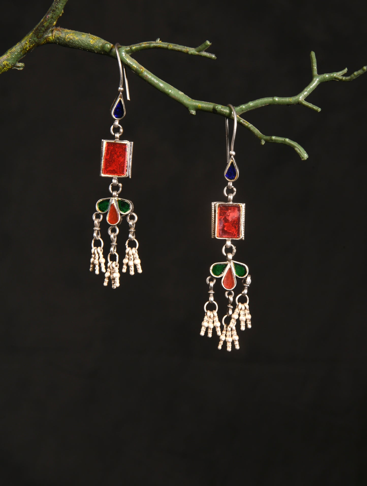 Silver Ruby Red Glass Earrings
