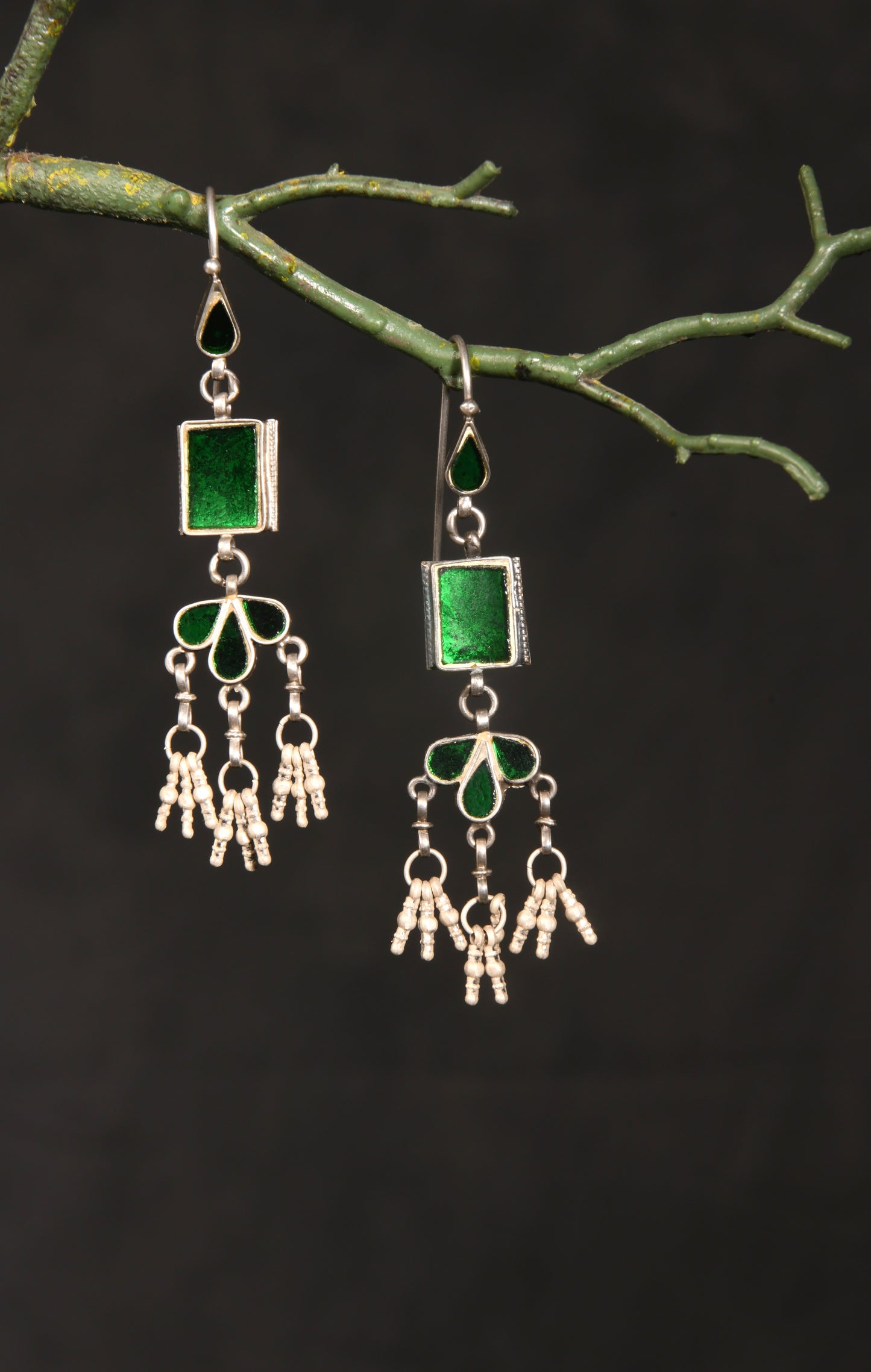 Silver Emerald Glass Danglers
