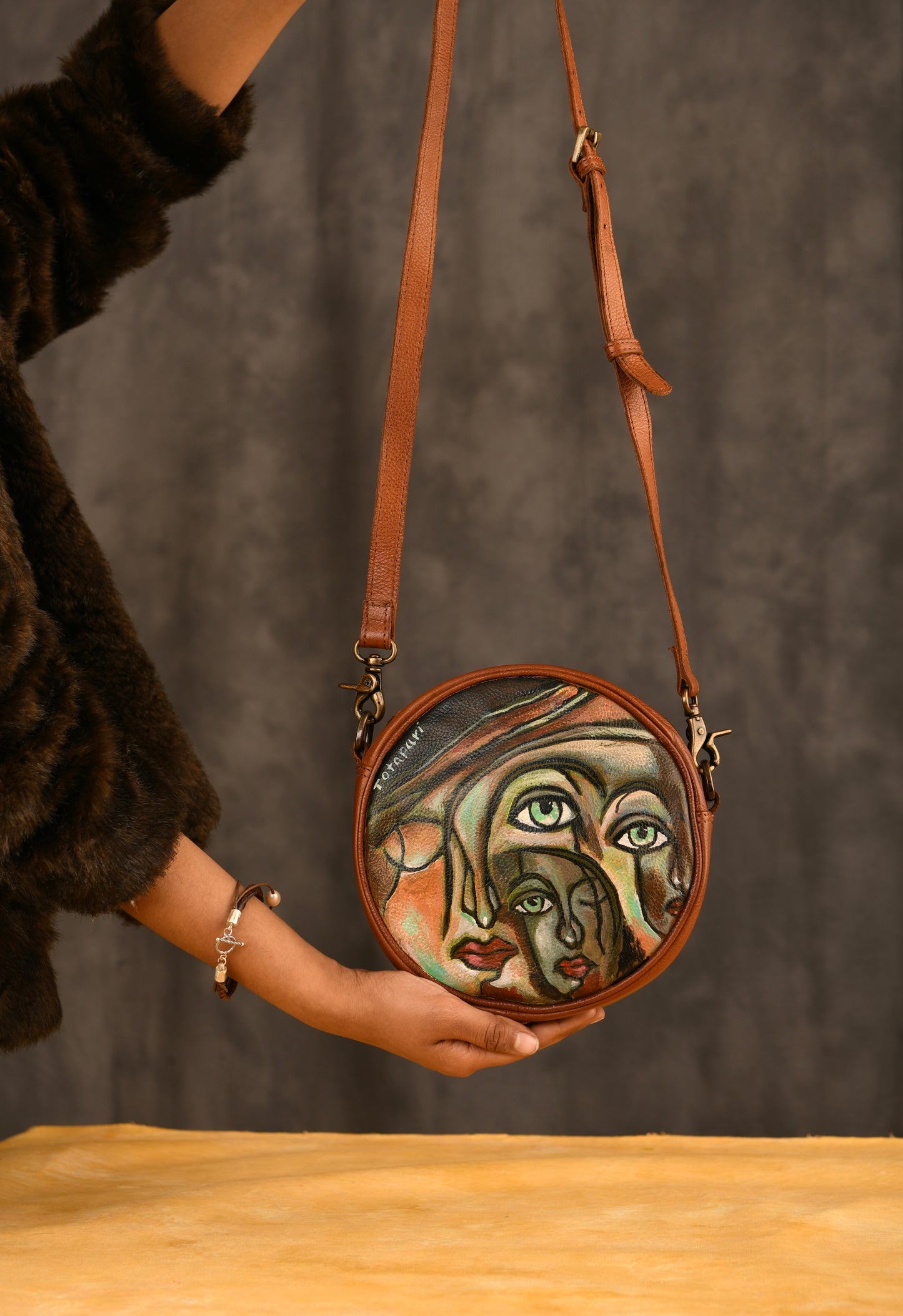 "Soul Portraits" Hand Painted Leather Round Sling Bag