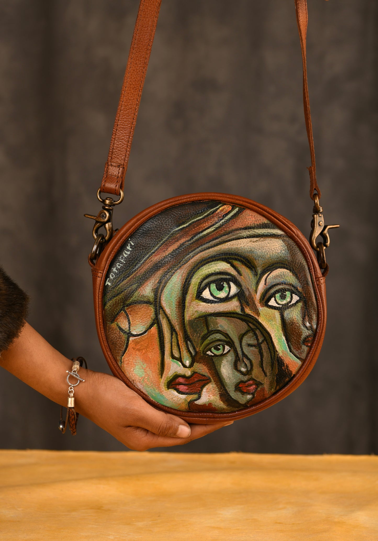 "Soul Portraits" Hand Painted Leather Round Sling Bag