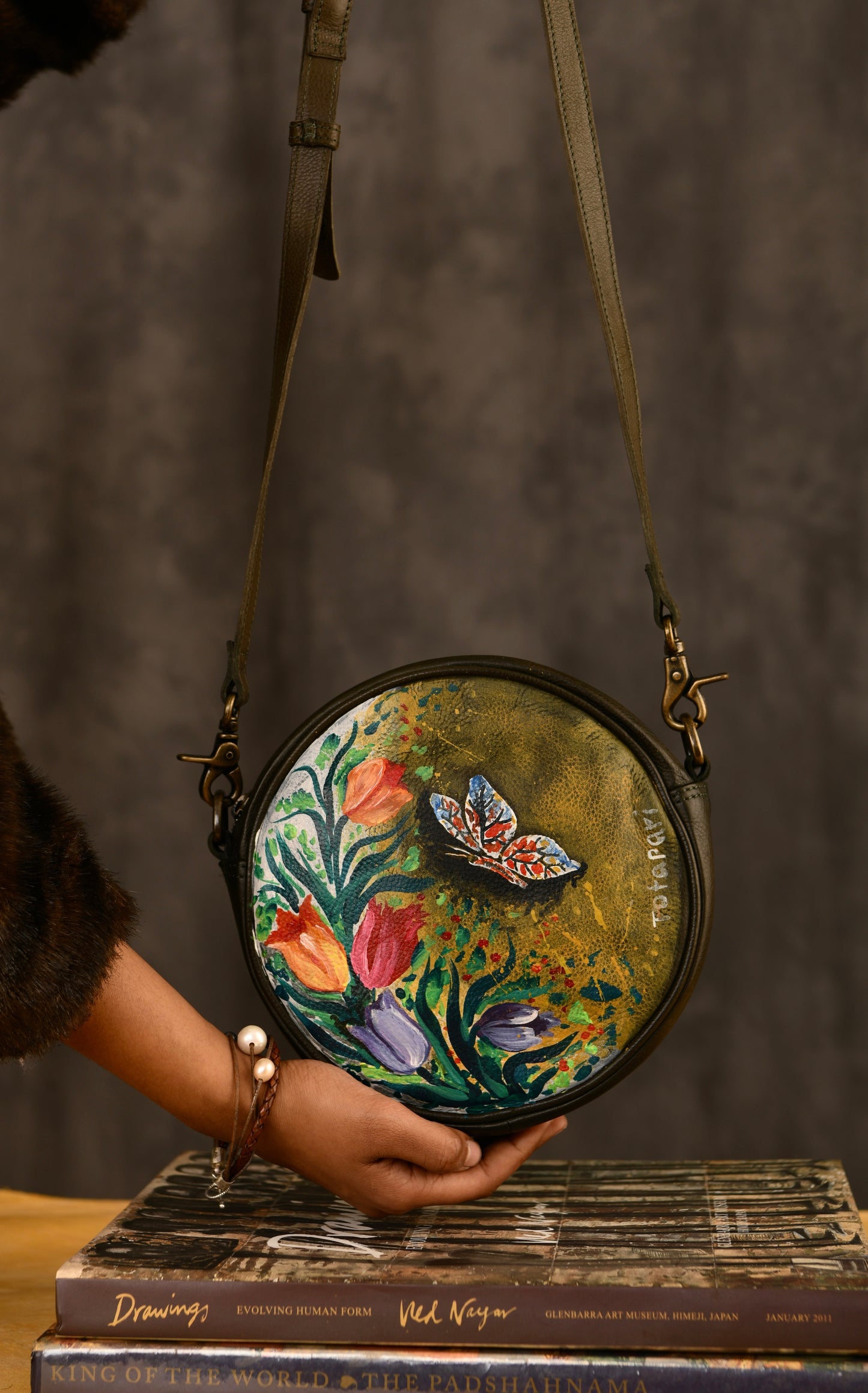 "Butterfly In Garden" Hand Painted Leather Sling Bag