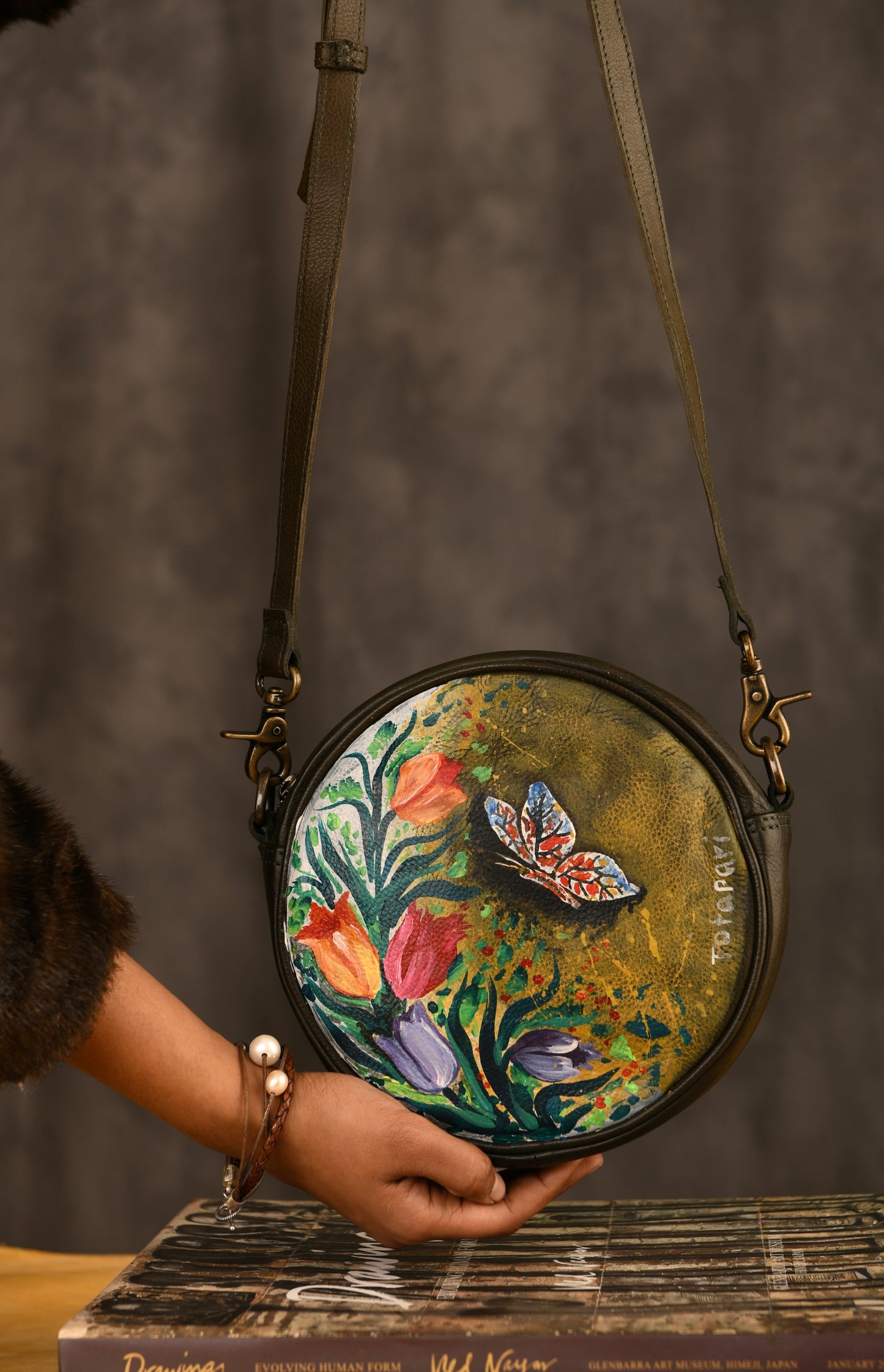 "Butterfly In Garden" Hand Painted Leather Sling Bag