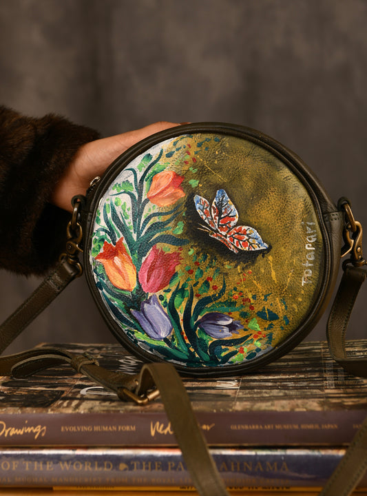 "Butterfly In Garden" Hand Painted Leather Sling Bag