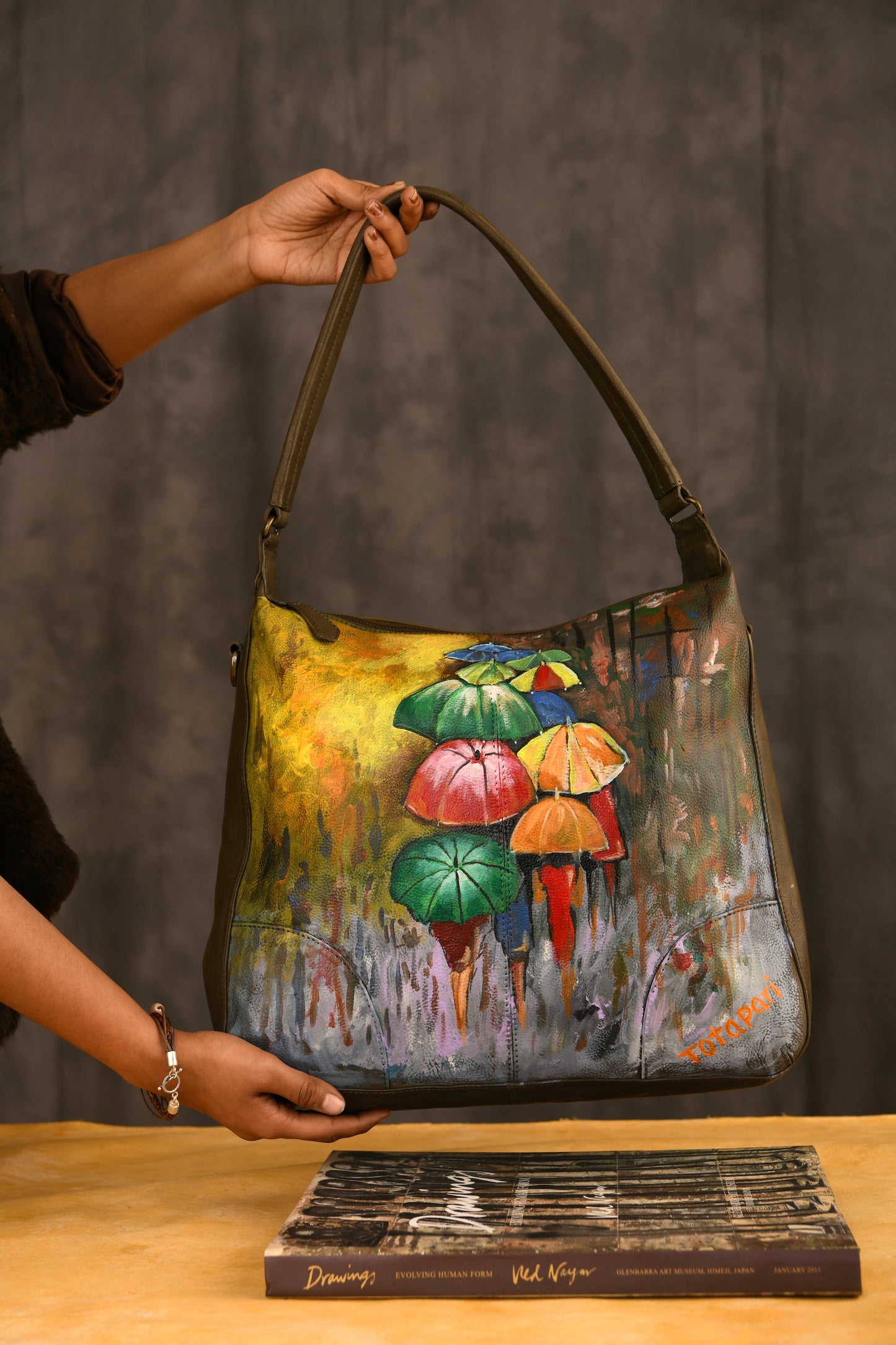 "A Rainy Day" Hand painted Leather Hobo Bag