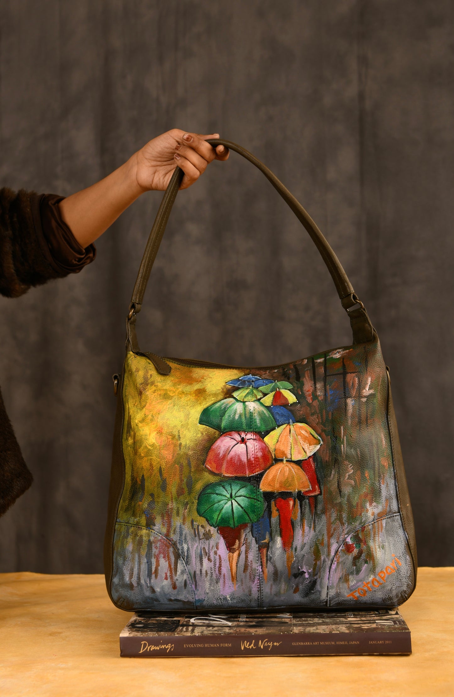 "A Rainy Day" Hand painted Leather Hobo Bag