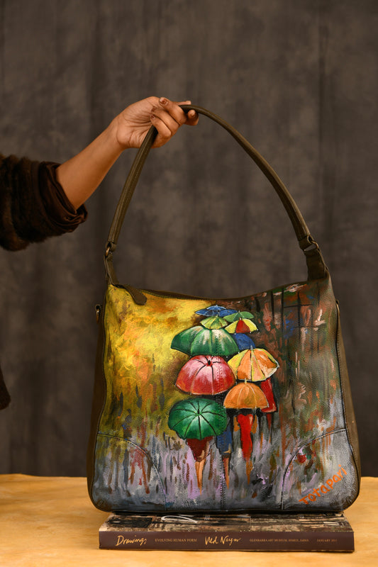 "A Rainy Day" Hand painted Leather Hobo Bag